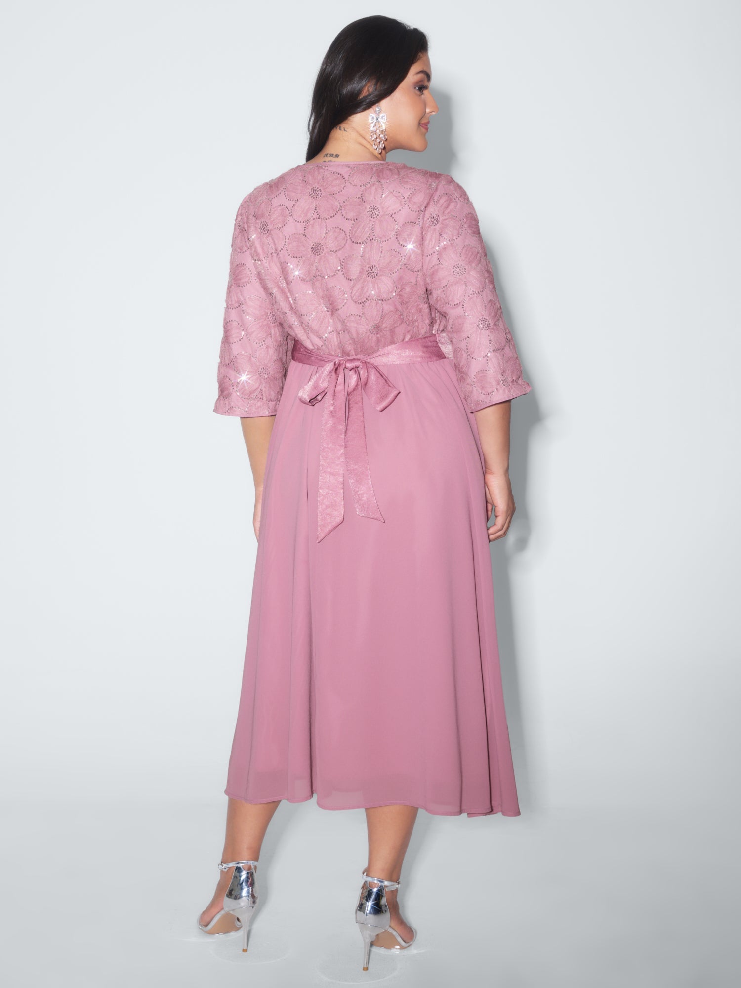 Sequin Floral Tulle Shirred Waist Midi Dress