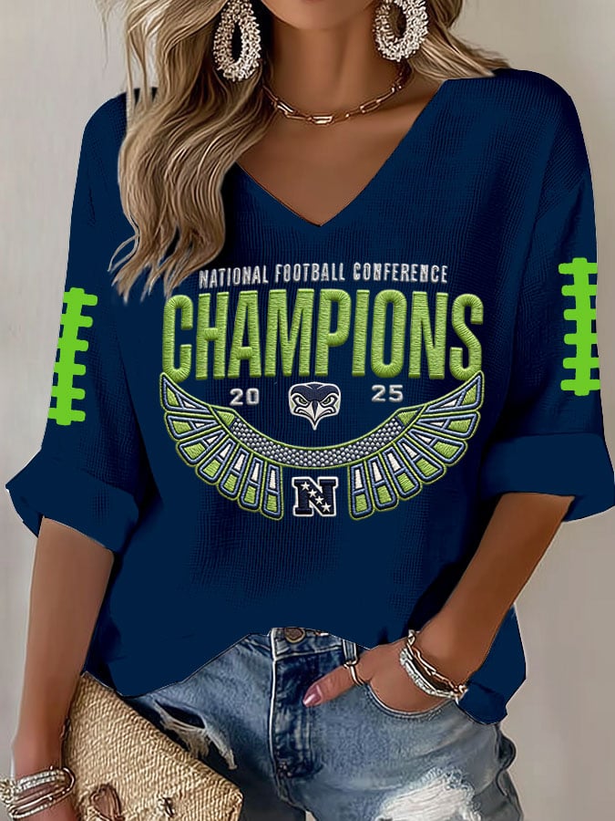 Women's Football Print Waffle Long Sleeve T-Shirt