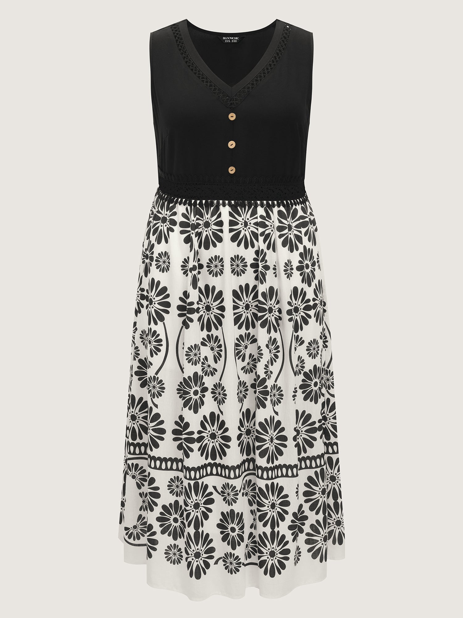 Floral Sheer Lace Trim Contrast Midi Dress