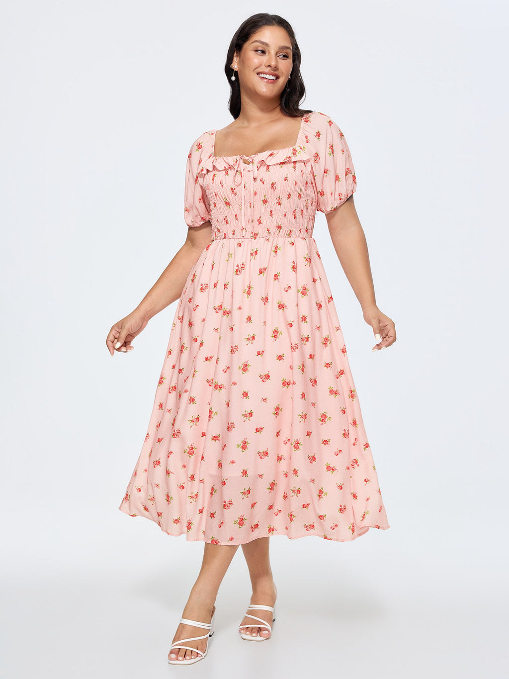 Floral Print Shirred Ruffled Neckline Midi Dress