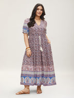 Boho Print Notched Ties Tassel Trim Dress