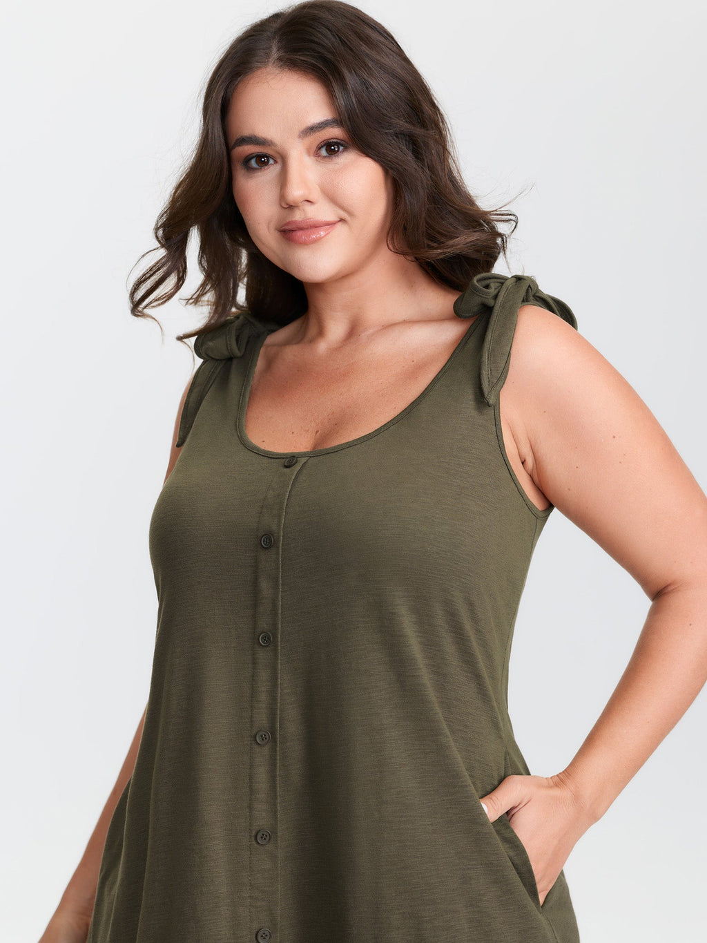 Ruffle Hem Tie Shoulder Pockets Sleeveless Dress
