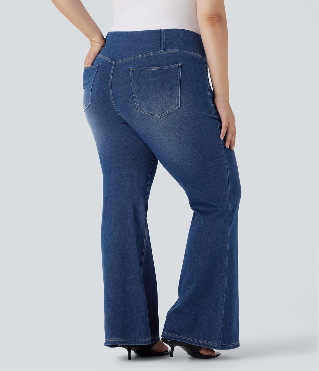 Plus Size FlexTM High Waisted Crossover Washed Casual Flare Jeans with Pockets