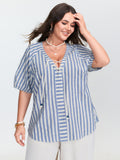 Sun-Washed Cotton Striped Print Neck Tie Blouse