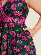 Tropical Floral Print Pockets Swim Dress