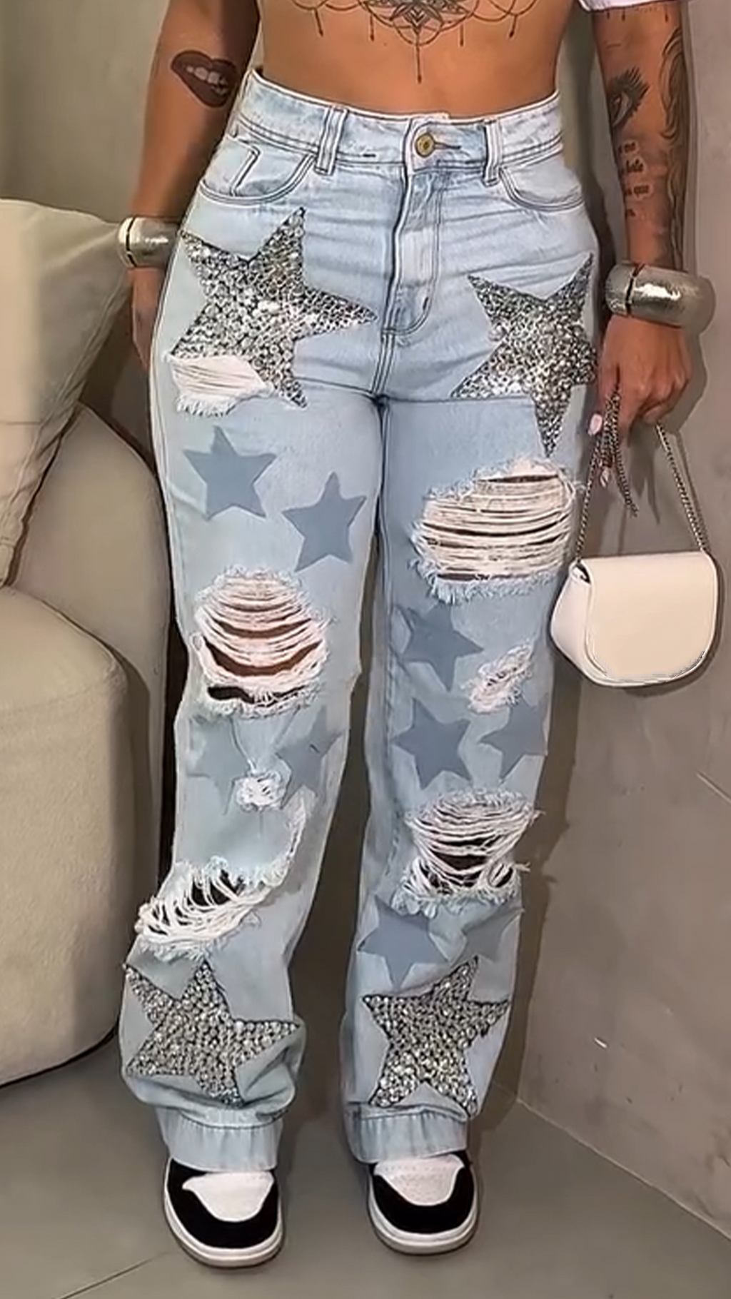 Womens Ripped Hot Diamond Star Print Washing Casual Jeans