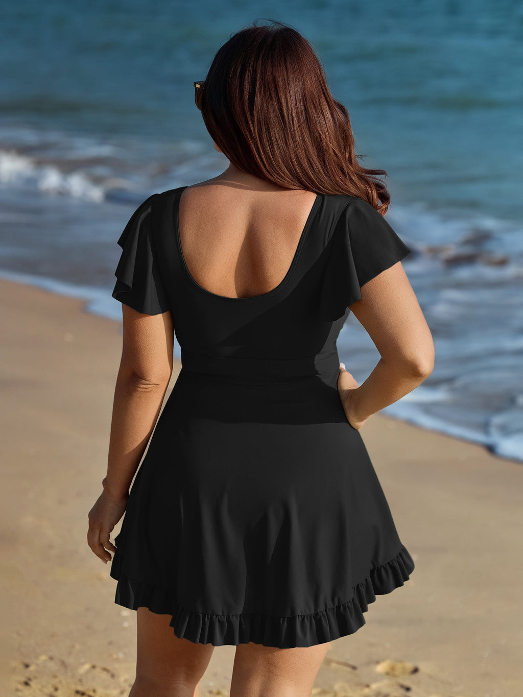 Ruffled Sleeve Curvy Hem Swim Dress