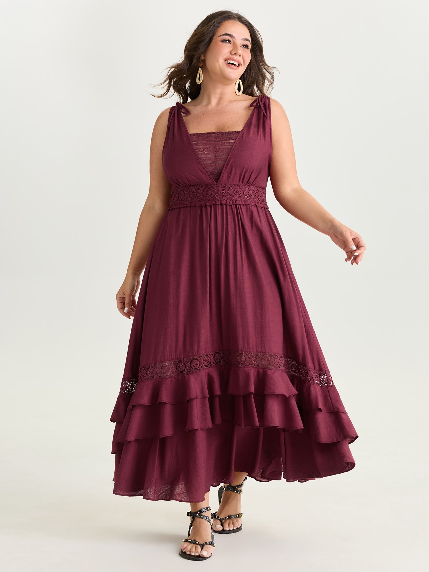 Ruffled Layered Hem Lace Maxi Dress