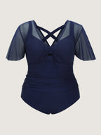 Sheer Sleeve Layered One-Piece Swimsuit