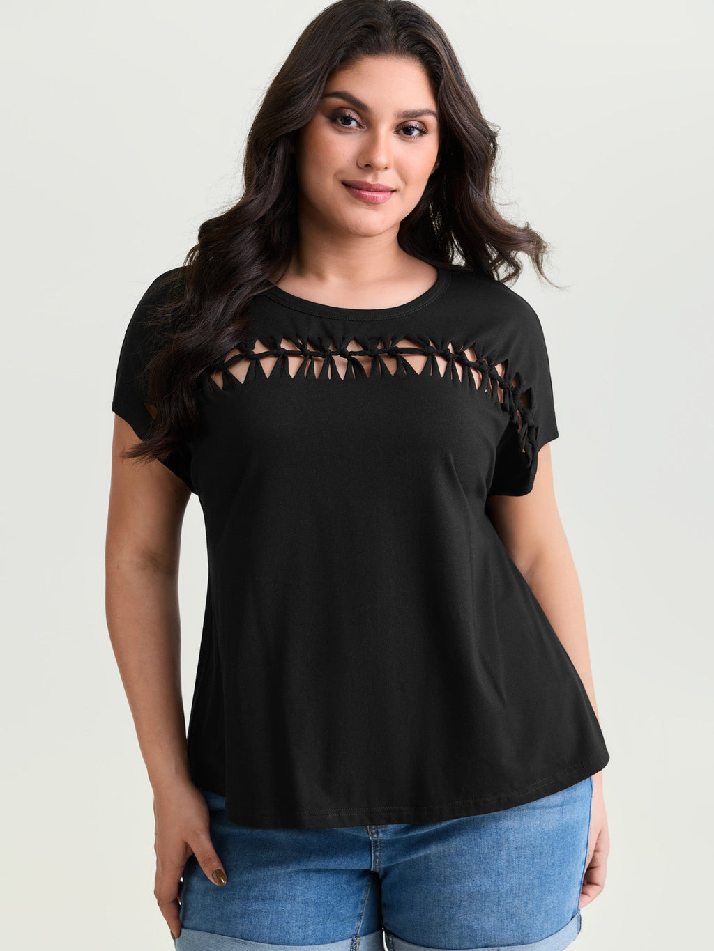 Cotton Stretchy Cut-Out Neckline Layered T-Shirt