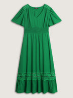 Lace Cut-Out Shirred Solid Maxi Dress