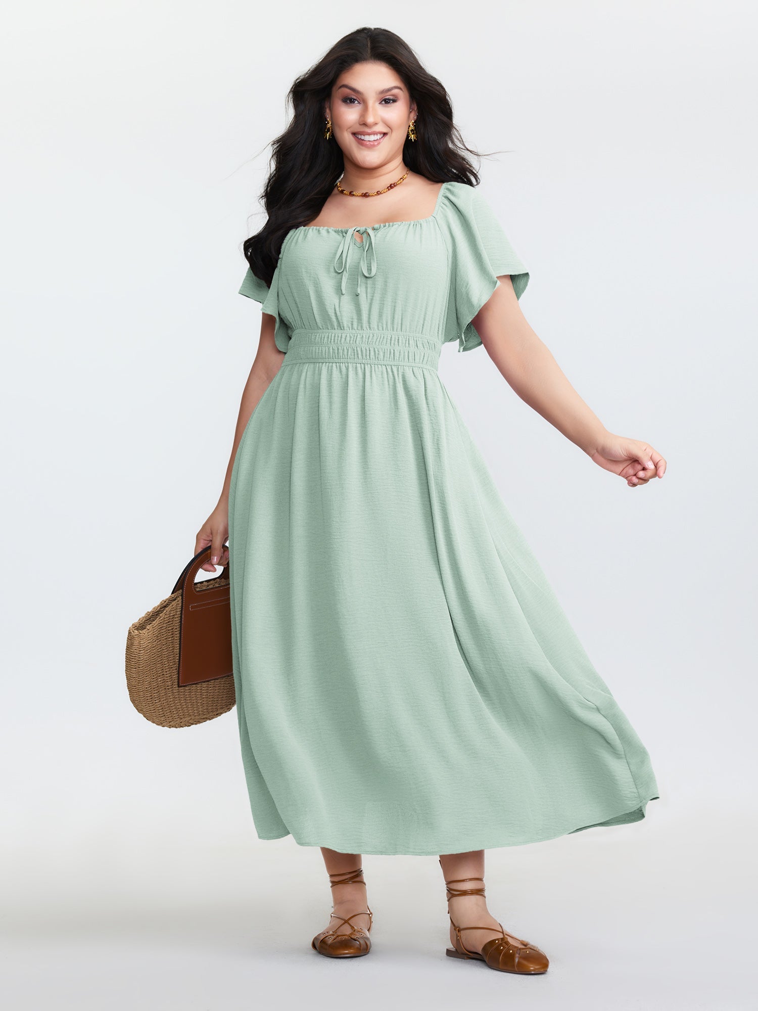 Square Neckline Shirred Waist Maxi Dress