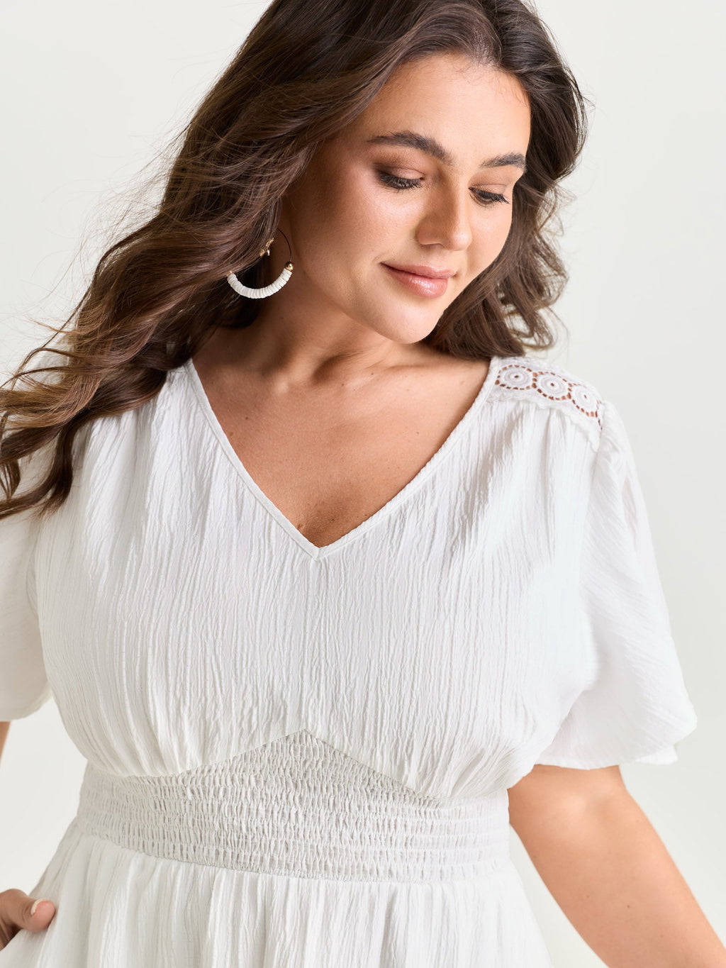 Lace Cut-Out Shirred Solid Maxi Dress