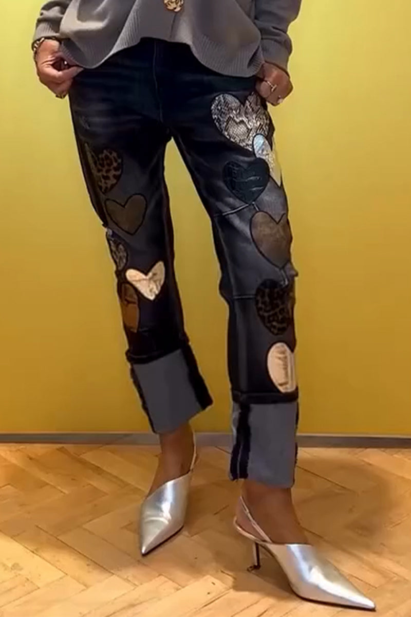 Women Love Printed Spliced Casual Jeans