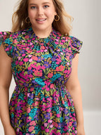 Floral Print Shirred Pockets Midi Dress