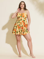 Orange Print Pockets Cut-Out Swim Dress