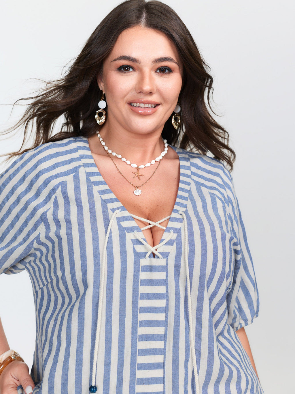 Sun-Washed Cotton Striped Print Neck Tie Blouse