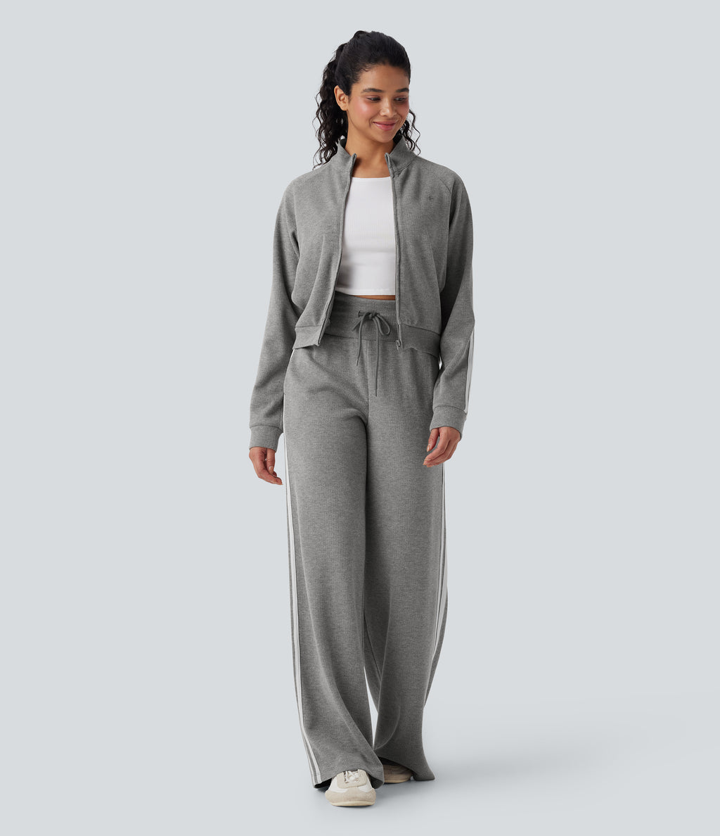 2026🔥 Ribbed SoCinched High Waisted Tummy Control Drawstring Wide Leg Color Block Casual Trousers with Pockets