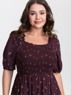 Micro Floral Shirred Bodice Midi Dress