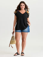 Colorful Openwork Crochet V-Neck Blouse