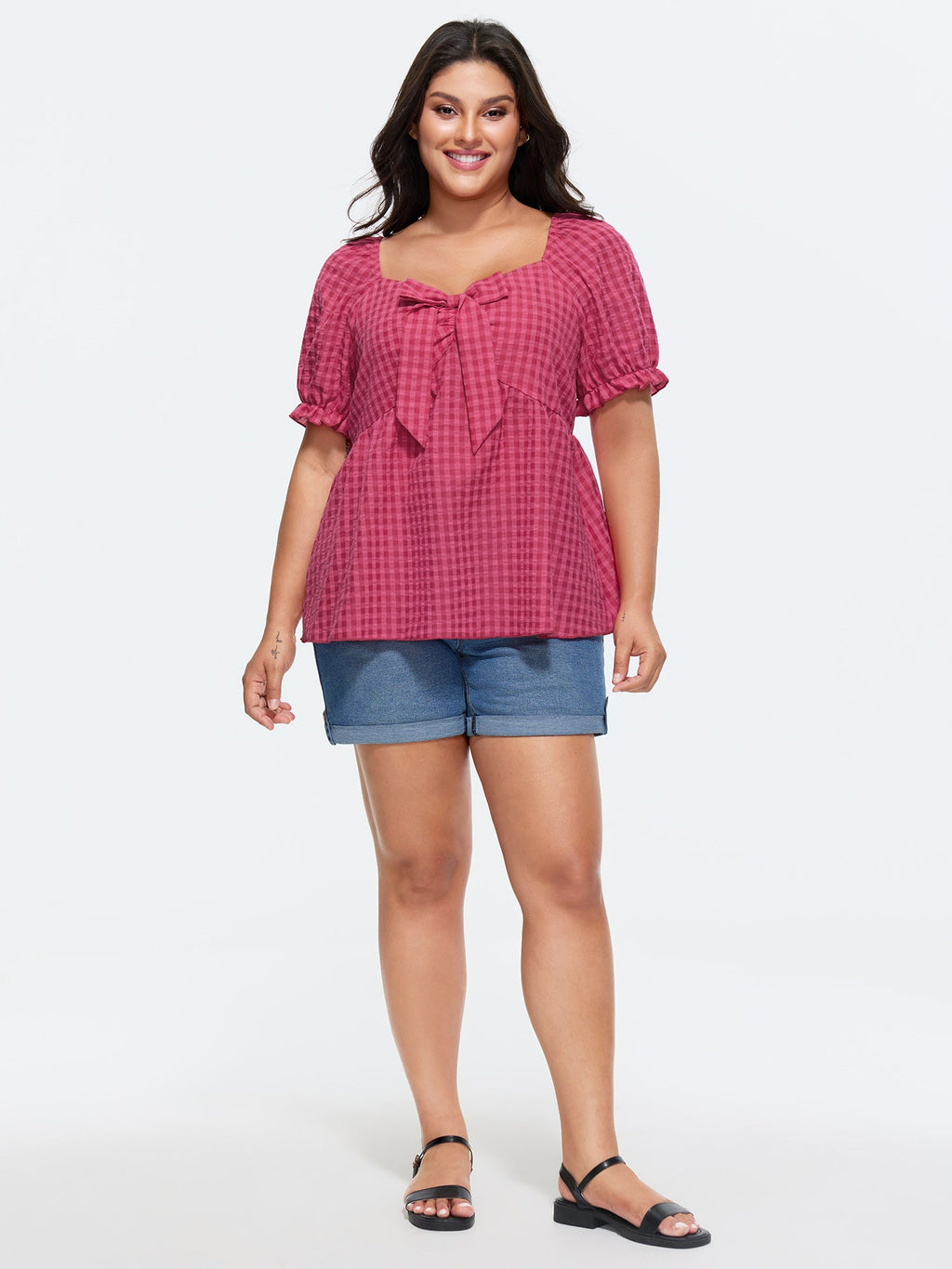 Gingham Print Bow Tie Front Blouse