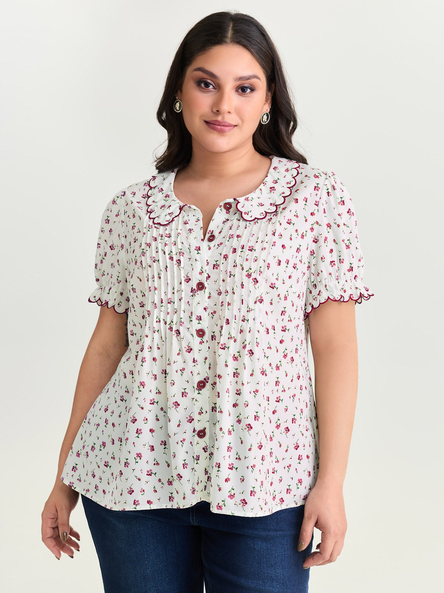 Floral Embroidery Pleated Button-Front Blouse