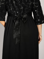 Sequin Floral Tulle Shirred Waist Midi Dress