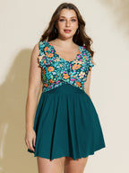 Floral Print Color Contrast Pockets Swim Dress