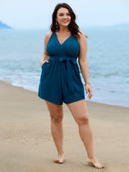 Surplice Neckline Belted Plain One-Piece Swimsuit