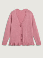 Supersoft Textured Floral Button Ruffled Hem Knit Cardigan