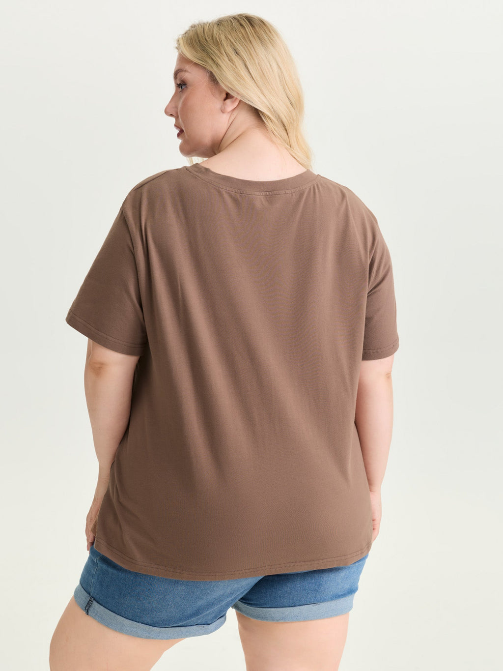 Cotton Star Print Round Neck Curvy Hem T-Shirt