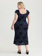 Floral Flocked Mesh Ruched Drawstring Midi Dress