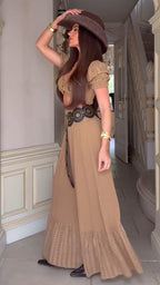 Women's Spring/Summer Dark Khaki Vacation Boho Nomadic Ultra-cropped Top Slit Long Skirt Two-piece Set