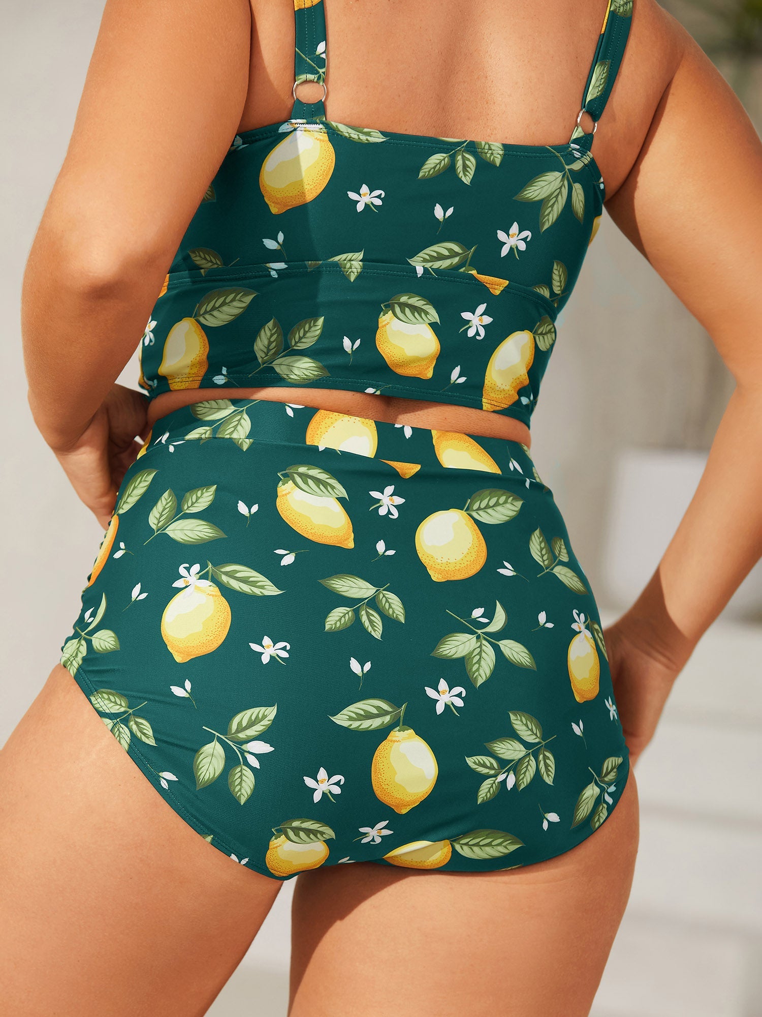 Lemon Print Pleated Tummy-Control Bikini Bottoms