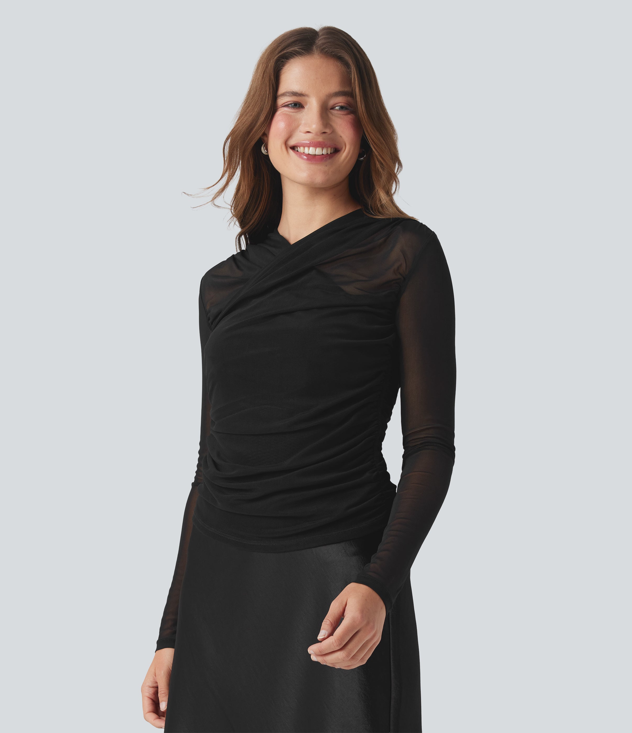 Sheer Mesh Crossover V Neck Ruched Casual Top
