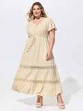 Linen Blend Lace Trim Button Detail Plain Maxi Dress