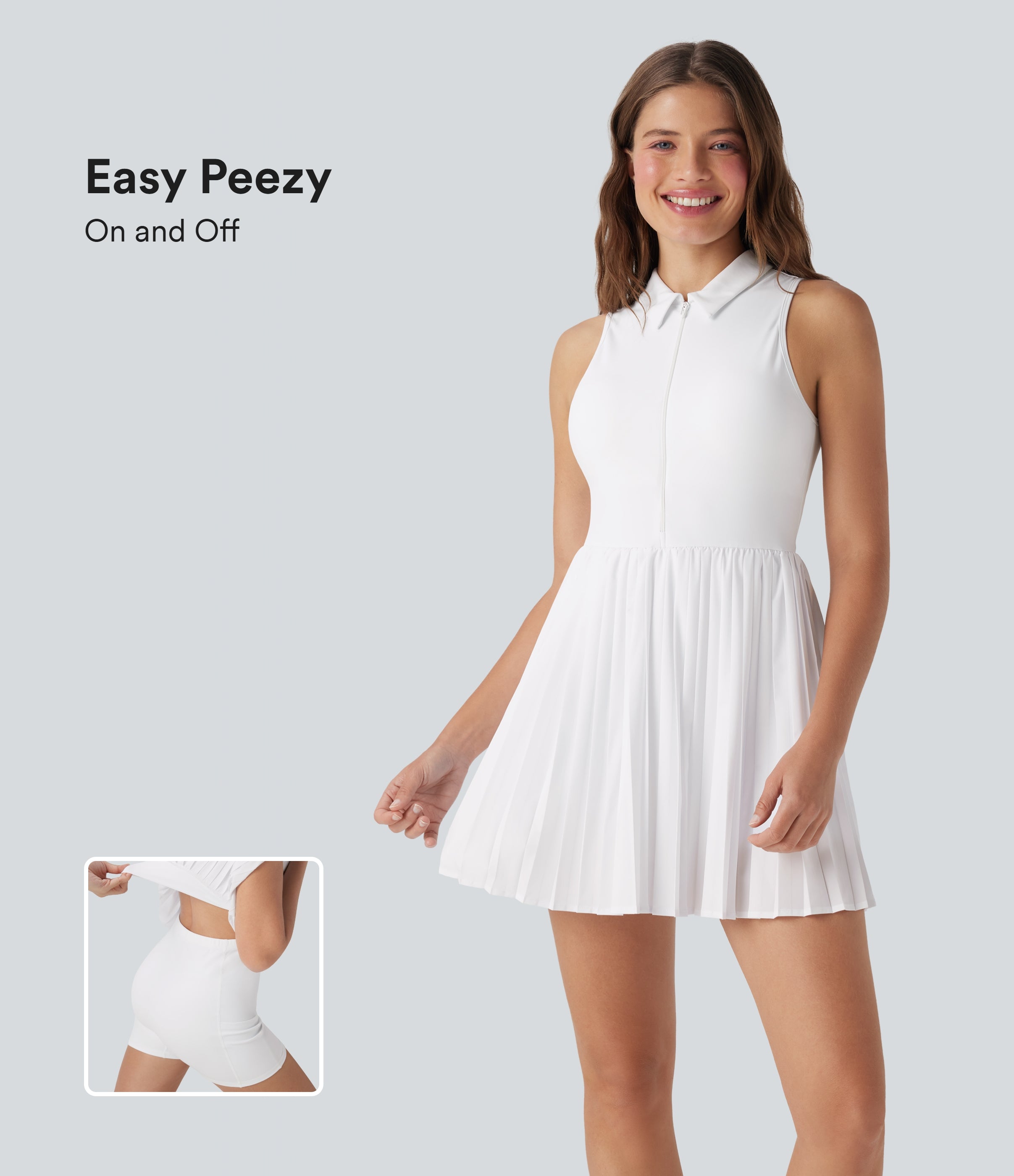 BreezefulTM Half Zipper Sleeveless 2-in-1 Pleated Hem Mini Quick Dry Tennis Active Dress with Pockets-Easy Peezy