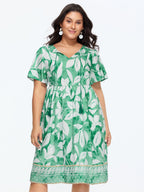 Leaf Print Neck-Tie Flowy Midi Dress