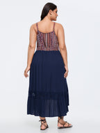 Boho Striped Lace Trim Midi Dress