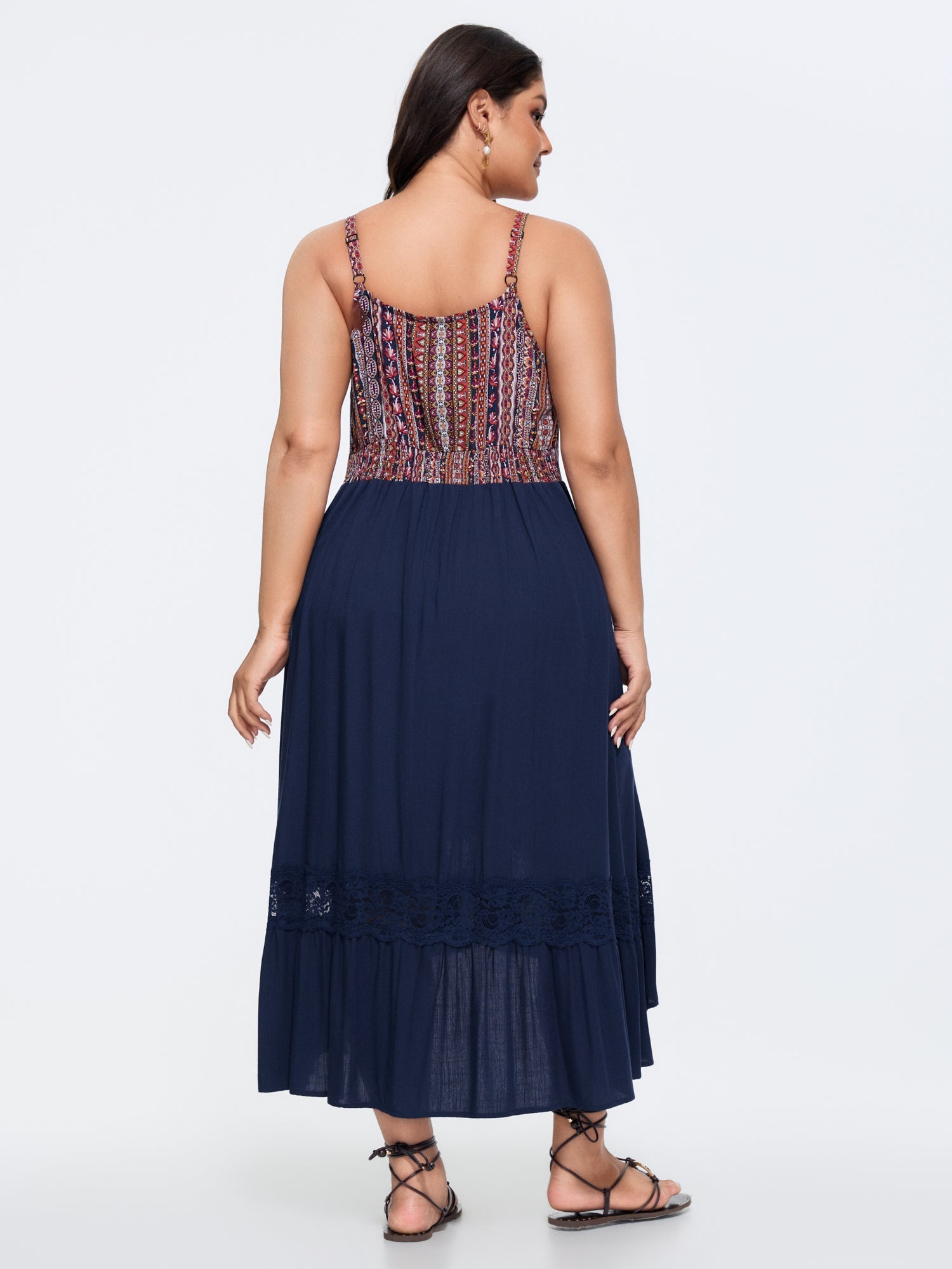 Boho Striped Lace Trim Midi Dress