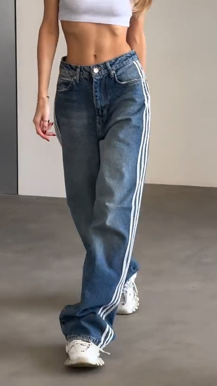 Women Washed Side Vertical Stripe Casual Jeans