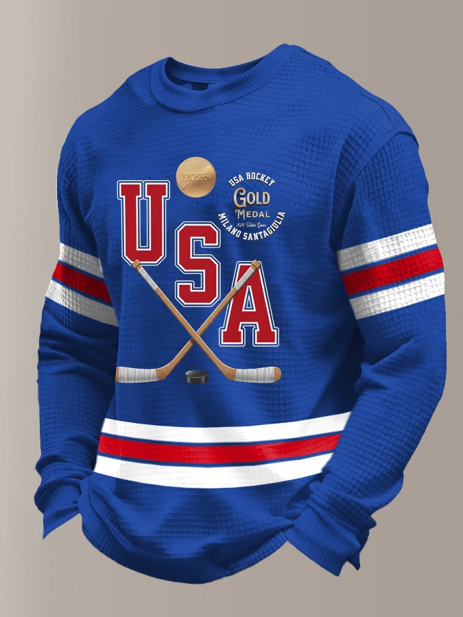 Men's Hockey Print Waffle Fabric Long-Sleeve T-Shirt