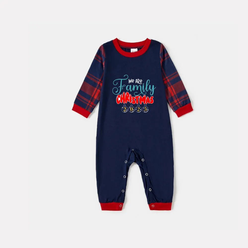 Christmas Family Matching Pajamas-Navy & Red Plaid Pjs Set with "We Are Family Christmas 2025" Print