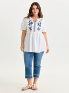 Cotton Floral Embroidered Notched Collar Blouse