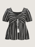 Monochrome Floral Stripe Babydoll Blouse