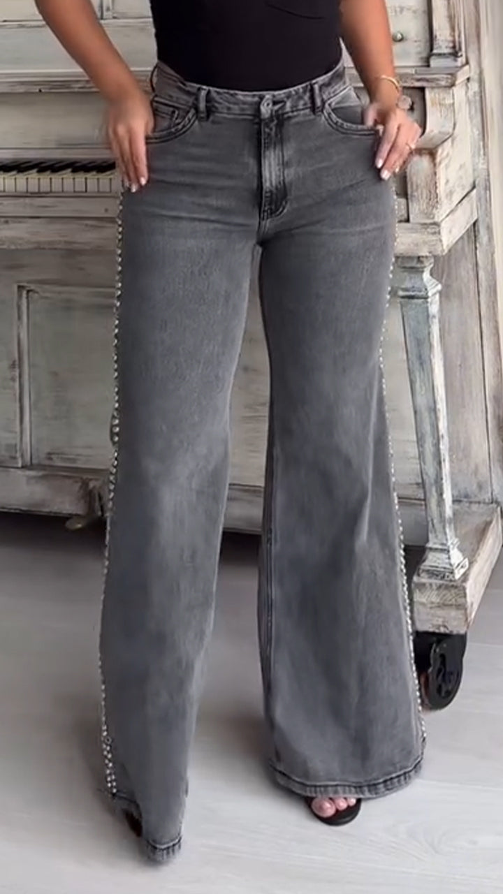 Womens Washing Side Pearl Casual Stretch Jeans