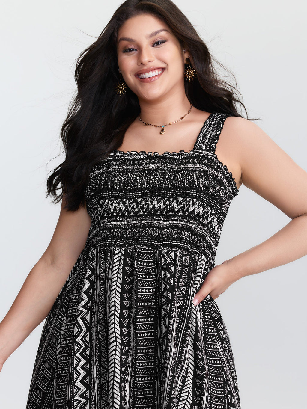 Monochrome Striped Shirred Wide-Straps Midi Dress