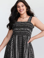 Monochrome Striped Shirred Wide-Straps Midi Dress