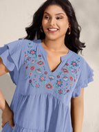 Embroidered Neckline A-Line Ruffled Knee-Length Dress