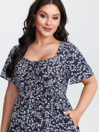 Ditsy Floral Sweetheart Drawstring Pocket Tiered Dress